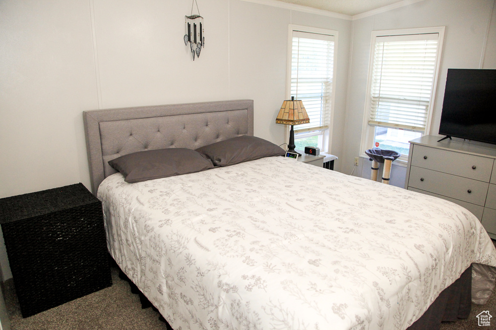 Bedroom with carpet floors and crown molding