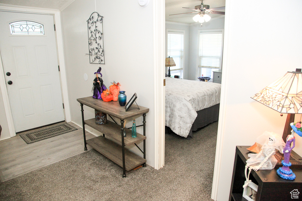 Foyer entrance featuring wood-type flooring, ornamental molding, and ceiling fan