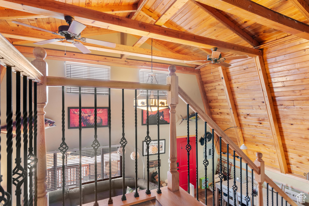 Interior space featuring beam ceiling and wooden ceiling