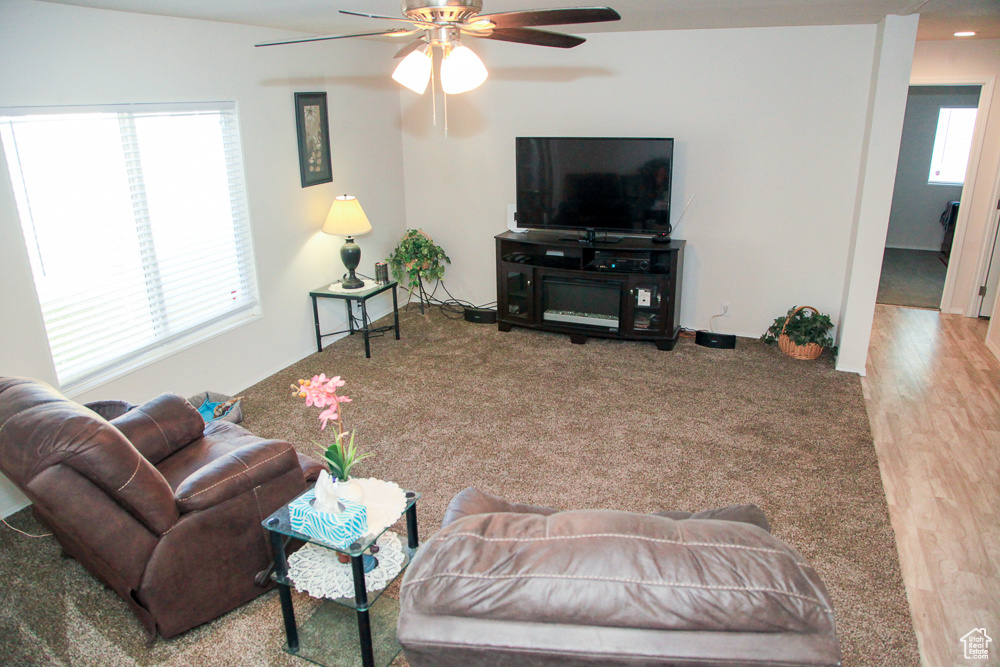 Living room with hardwood / wood-style flooring, plenty of natural light, and ceiling fan