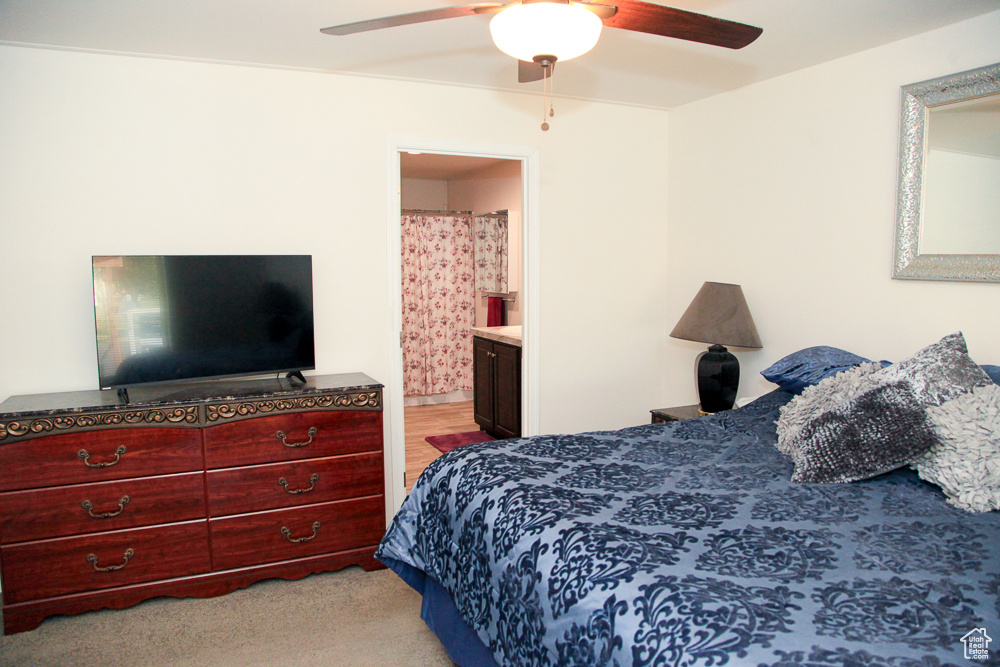 Carpeted bedroom with ceiling fan and ensuite bath