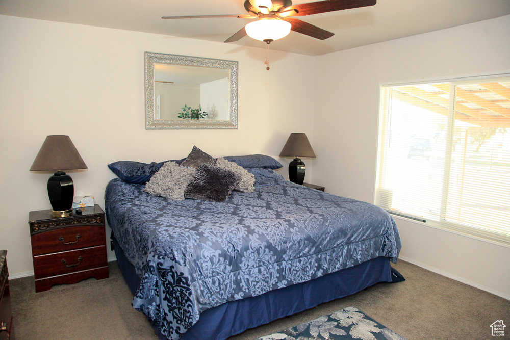 Bedroom featuring ceiling fan and carpet floors