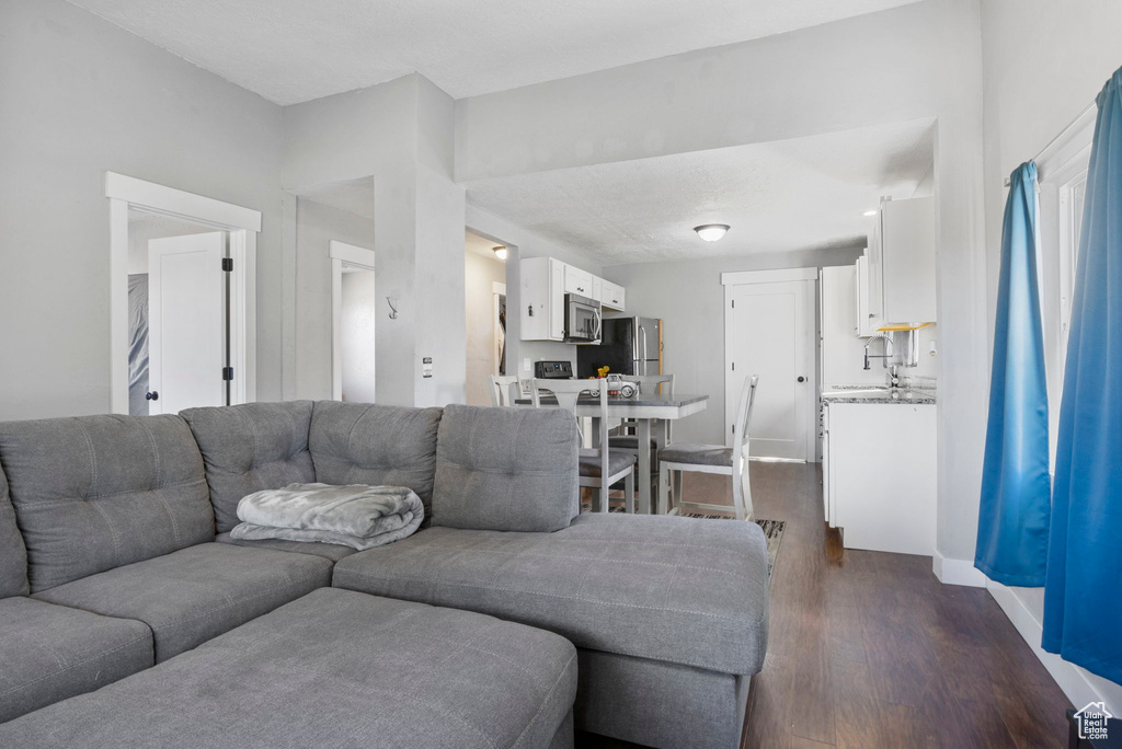 Living room featuring dark wood-type flooring