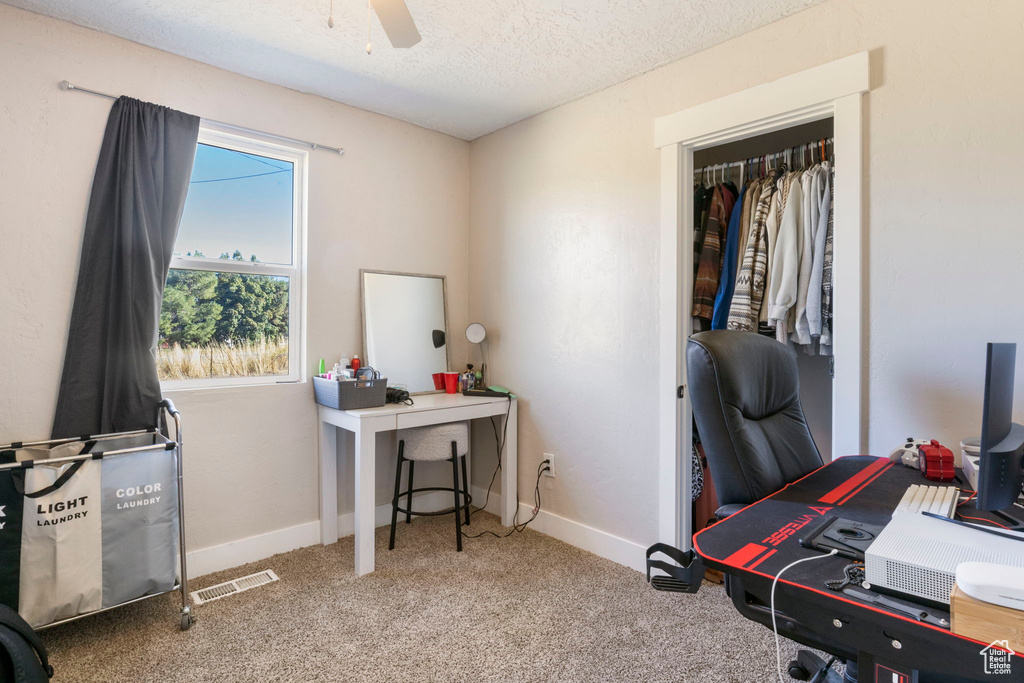 Carpeted home office featuring ceiling fan and a textured ceiling