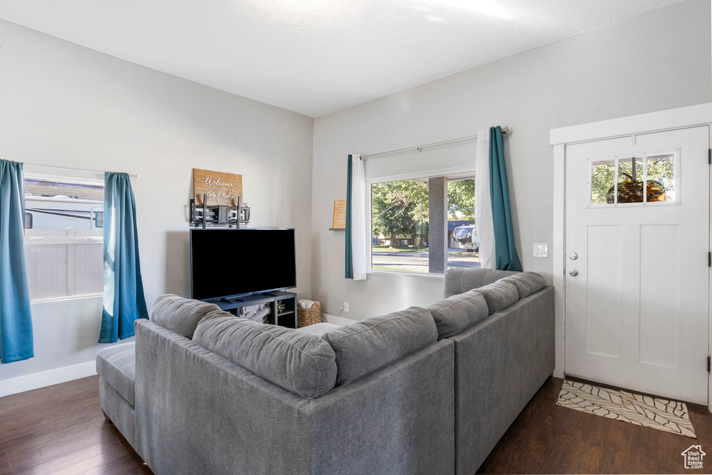 Living room featuring dark hardwood / wood-style floors and a healthy amount of sunlight