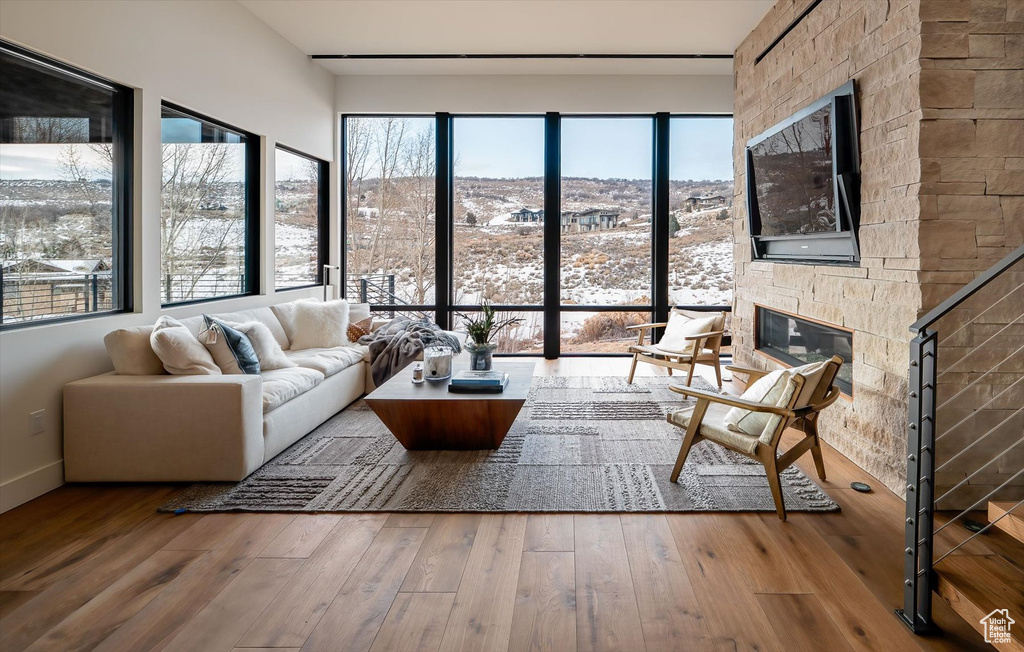 Living room with a fireplace and hardwood / wood-style flooring