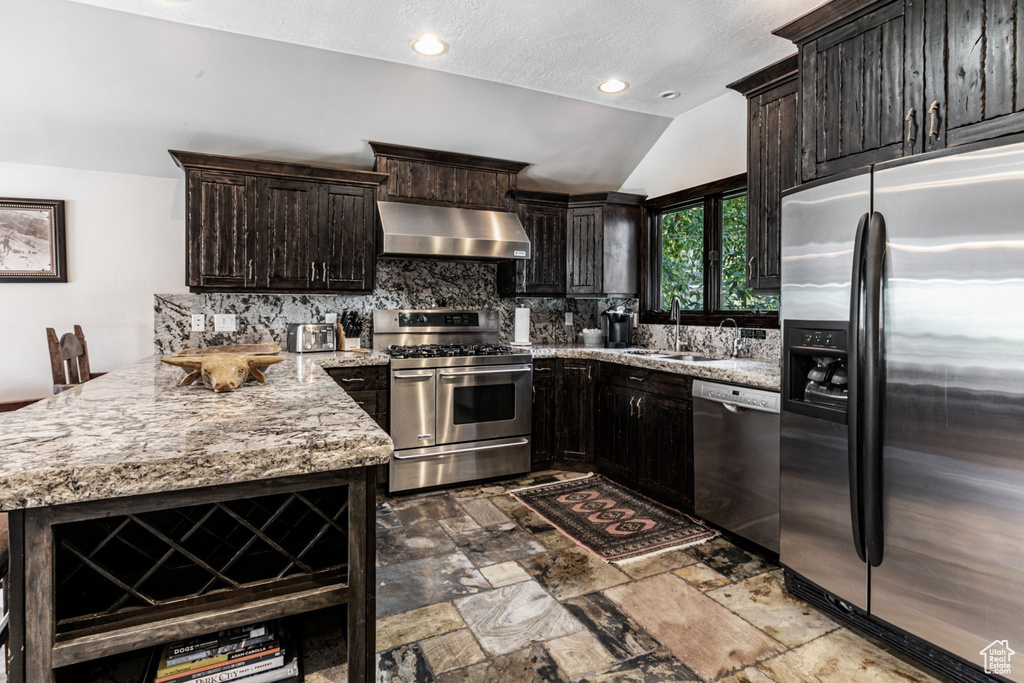 Kitchen featuring sink, ventilation hood, appliances with stainless steel finishes, light stone countertops, and vaulted ceiling