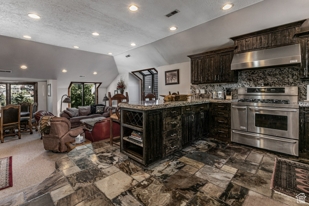 Kitchen featuring lofted ceiling, dark brown cabinets, a textured ceiling, stainless steel range oven, and decorative backsplash