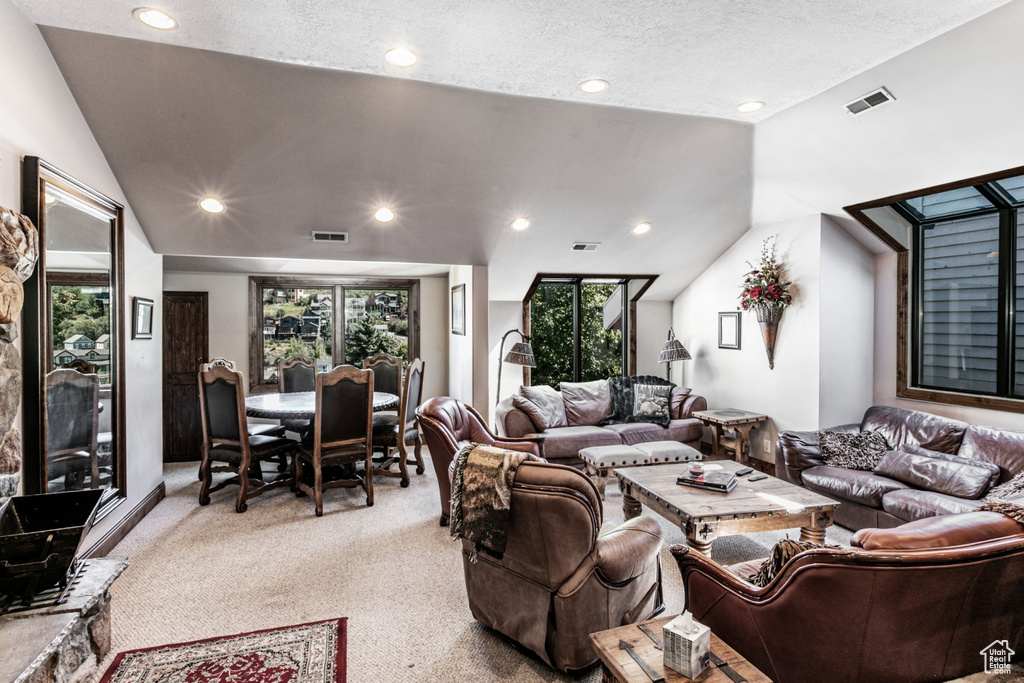 Living room with light carpet, a textured ceiling, and vaulted ceiling