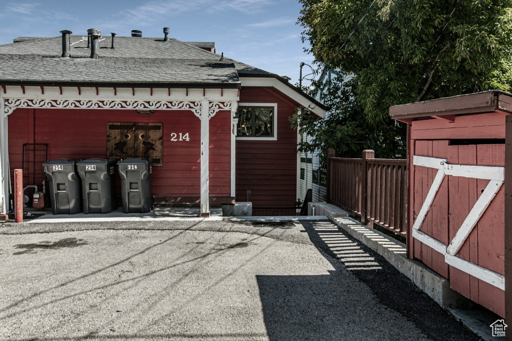 Exterior space featuring a storage shed