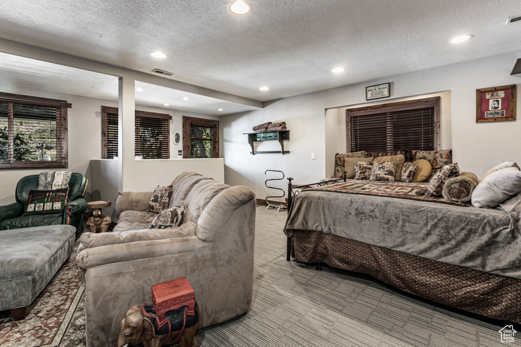 Carpeted bedroom with a textured ceiling