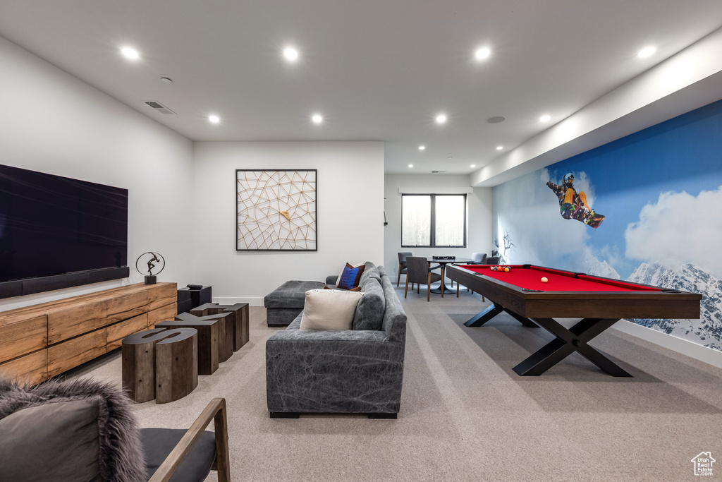 Rec room featuring carpet and billiards