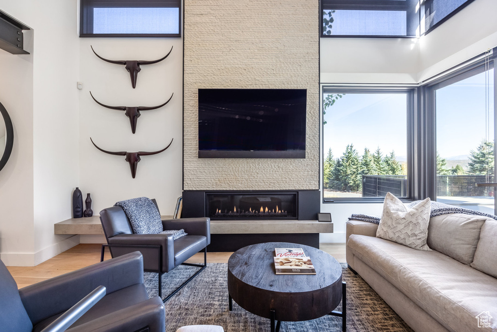 Living room with hardwood / wood-style flooring and a large fireplace