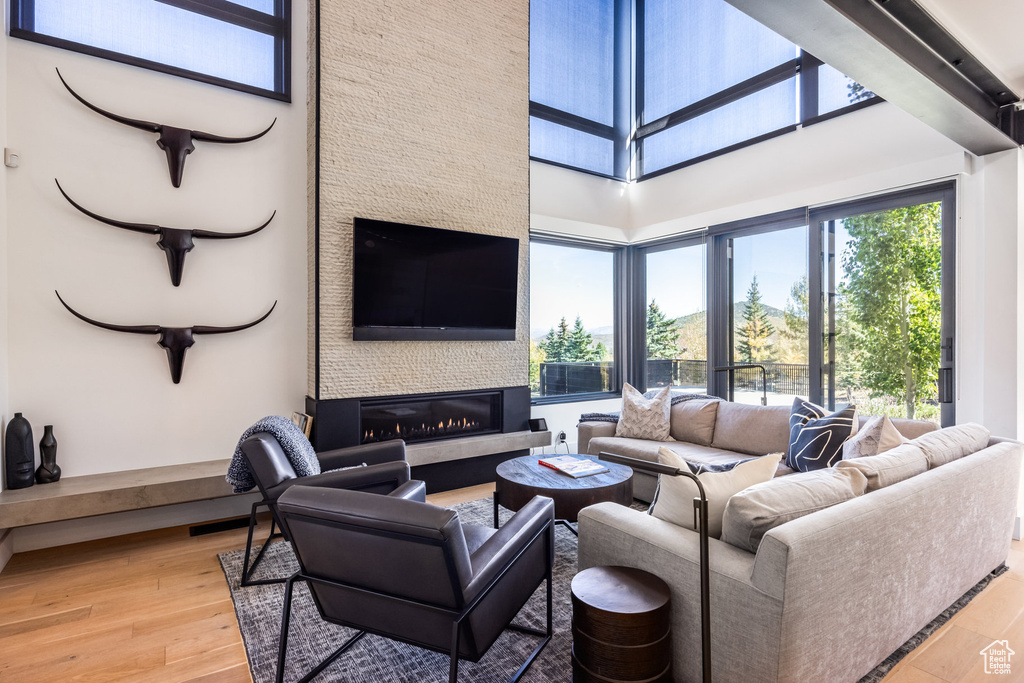Living room featuring a fireplace, hardwood / wood-style floors, and a high ceiling