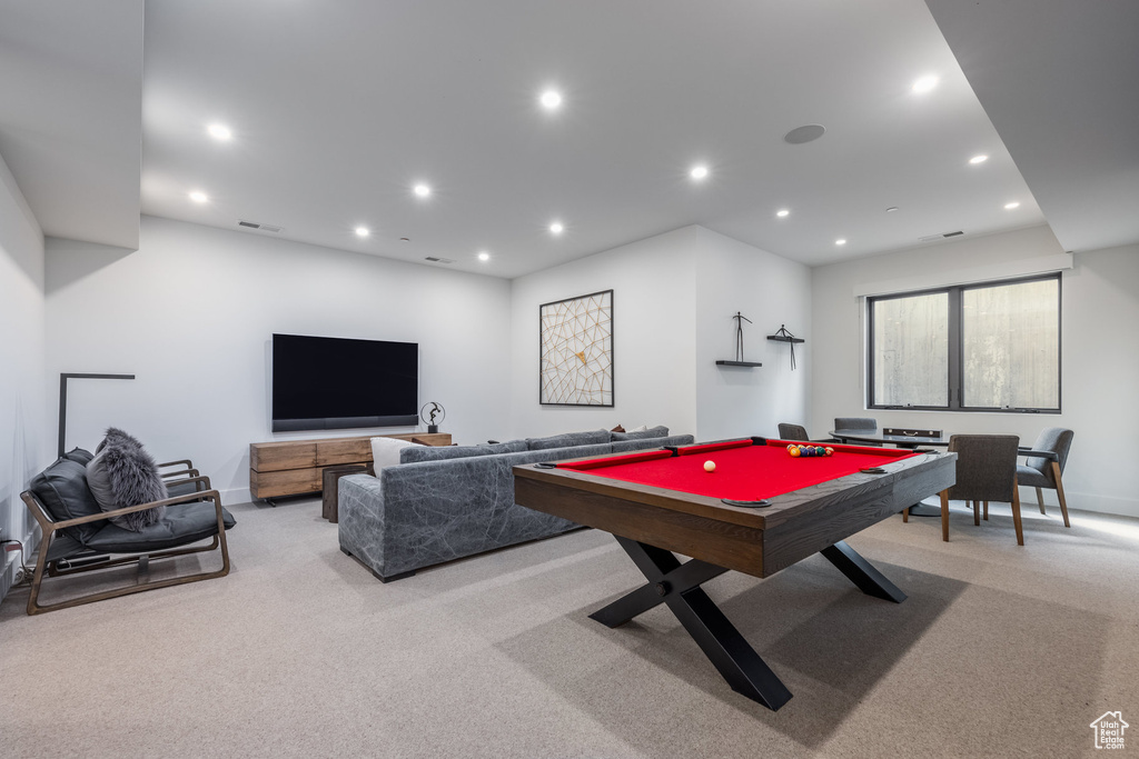 Rec room with light colored carpet and pool table