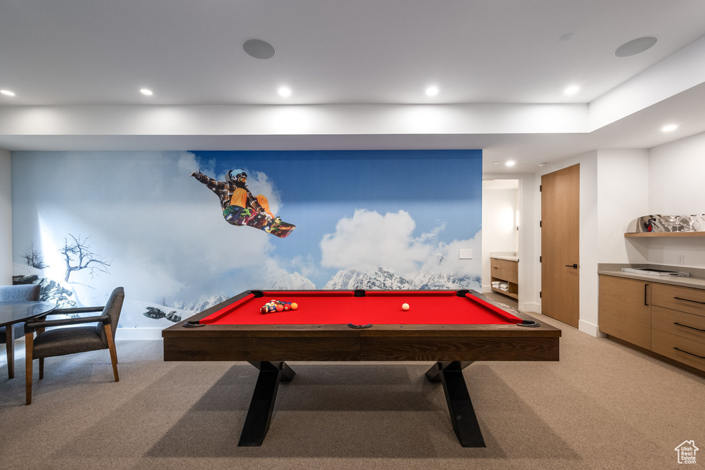 Rec room with carpet floors and pool table