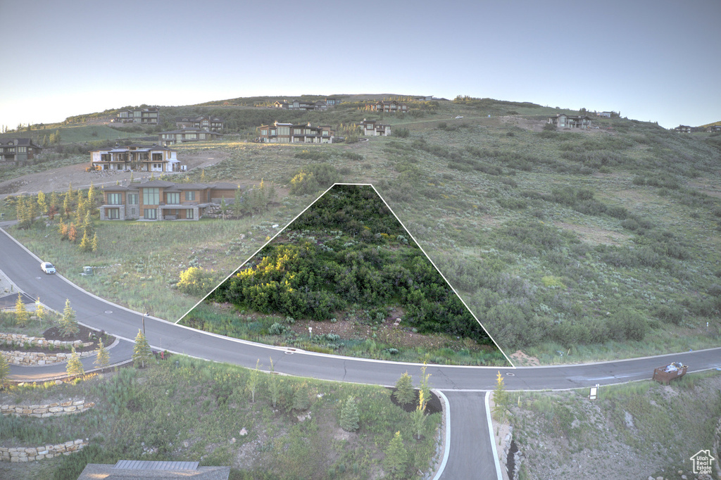 Aerial overview of property's location featuring property boundaries highlighted