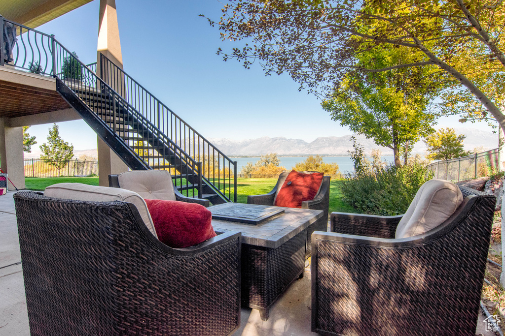 View of patio with a mountain view