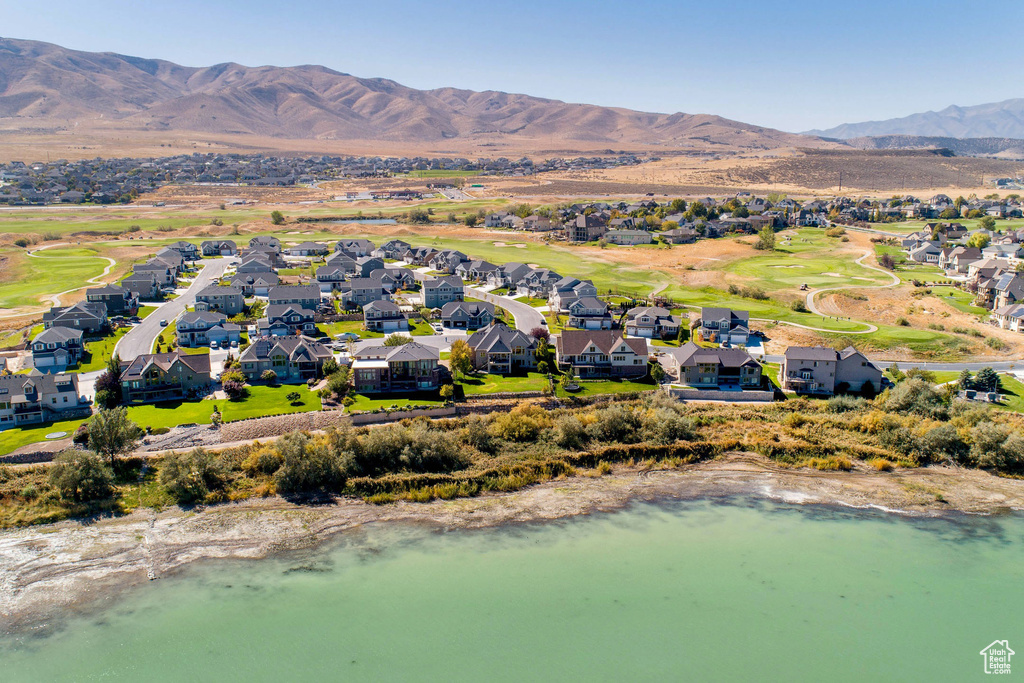 Bird's eye view featuring a water and mountain view