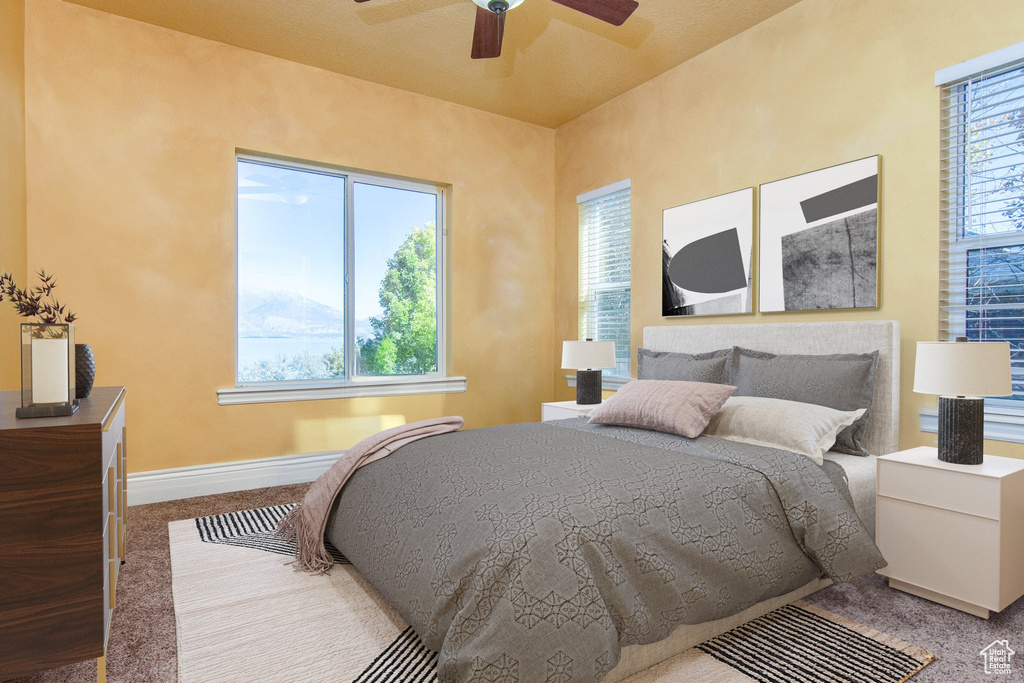 Carpeted bedroom with multiple windows and ceiling fan