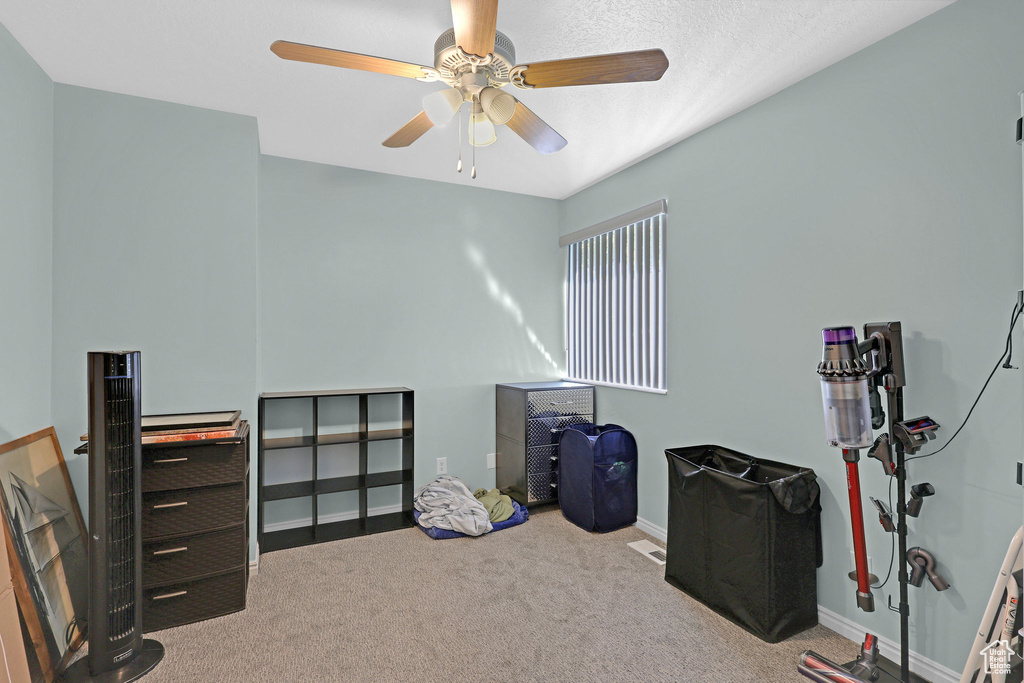 Misc room with carpet and ceiling fan