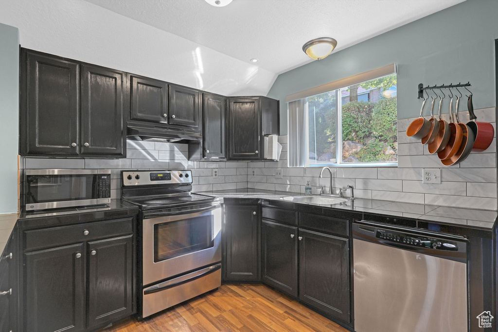 Kitchen with appliances with stainless steel finishes, sink, lofted ceiling, and decorative backsplash