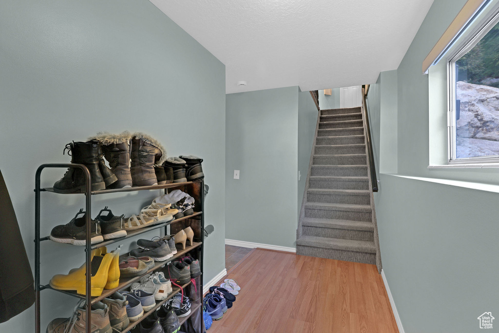 Staircase featuring hardwood / wood-style flooring