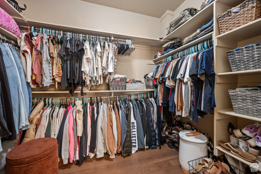 Walk in closet with hardwood / wood-style floors