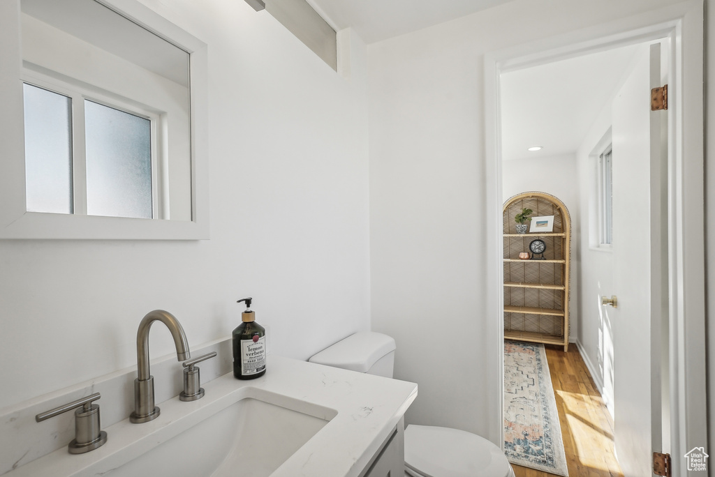 Bathroom with hardwood / wood-style floors, vanity, and toilet