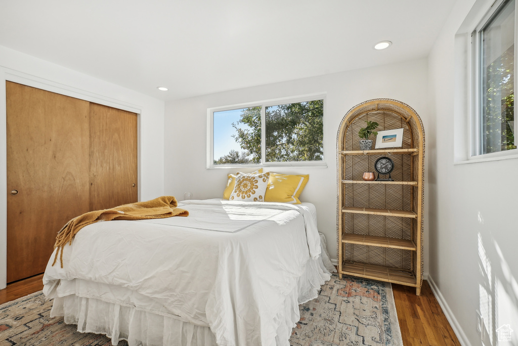 Bedroom with a closet and hardwood / wood-style floors