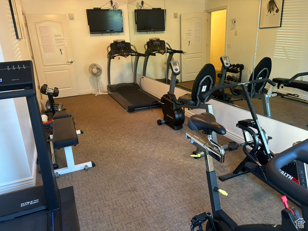 Exercise room featuring carpet flooring