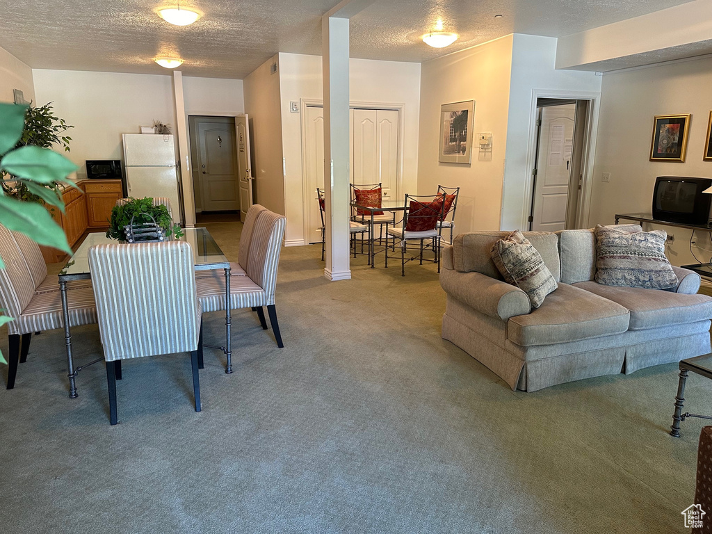 Dining space featuring a textured ceiling and carpet flooring