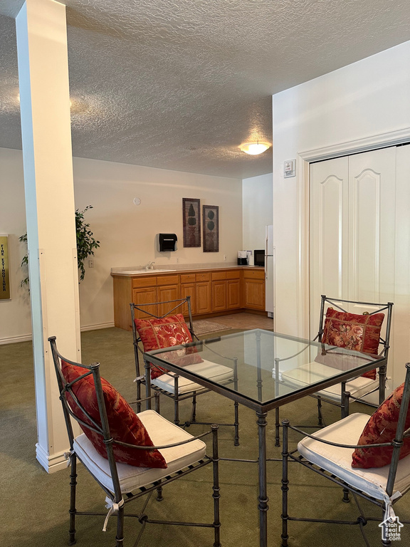 Dining area with a textured ceiling and carpet flooring