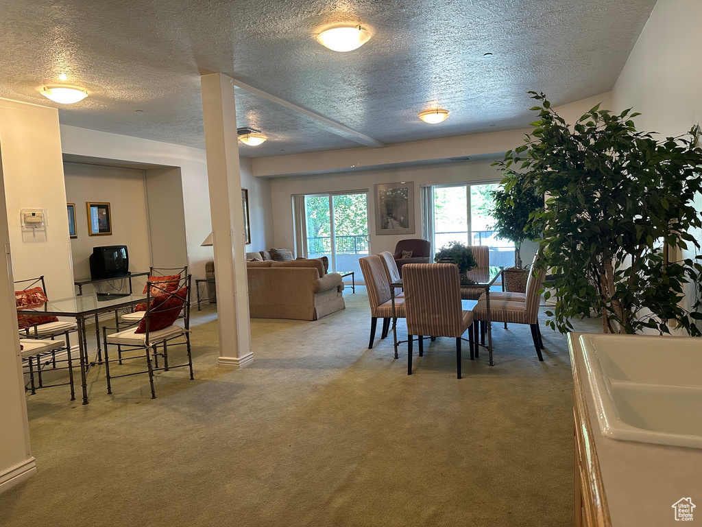 Dining area featuring carpet, a textured ceiling, and sink