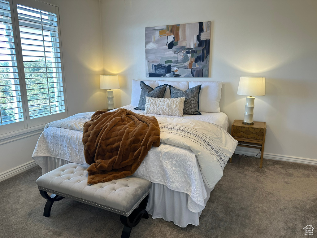 Carpeted bedroom featuring multiple windows