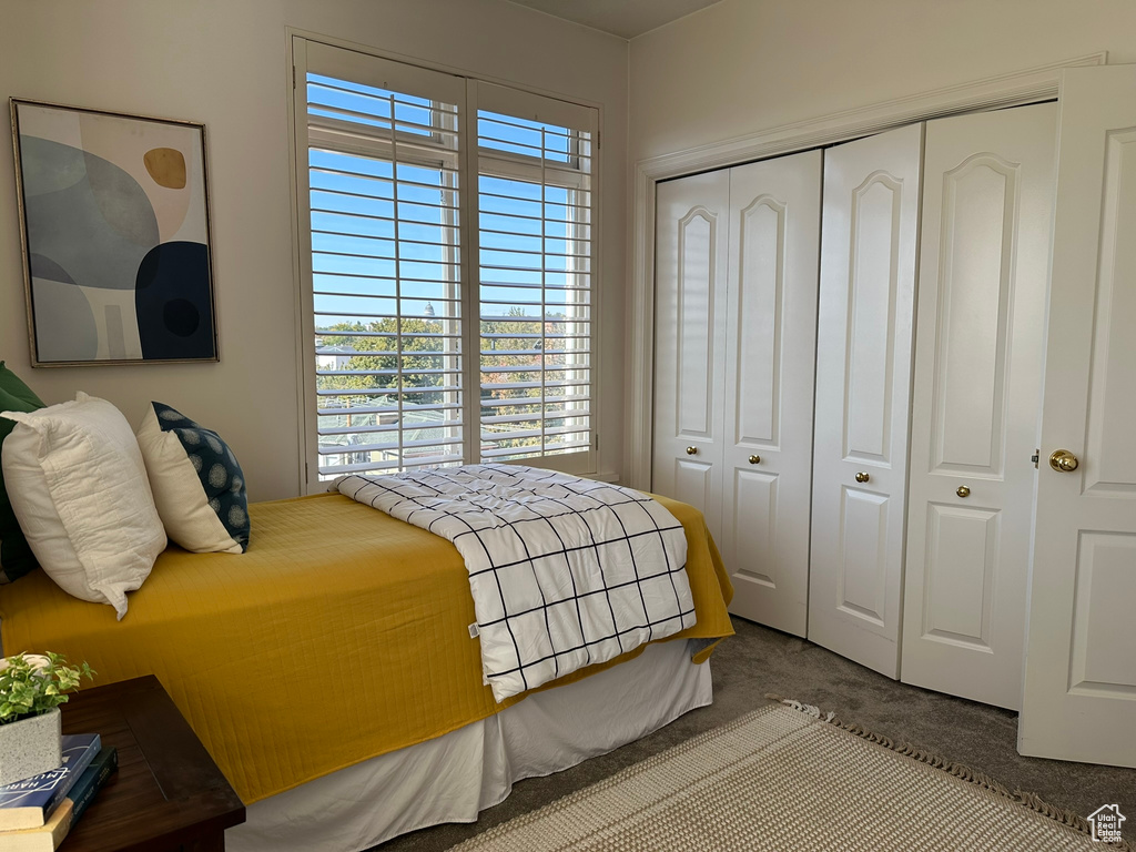 Carpeted bedroom with a closet