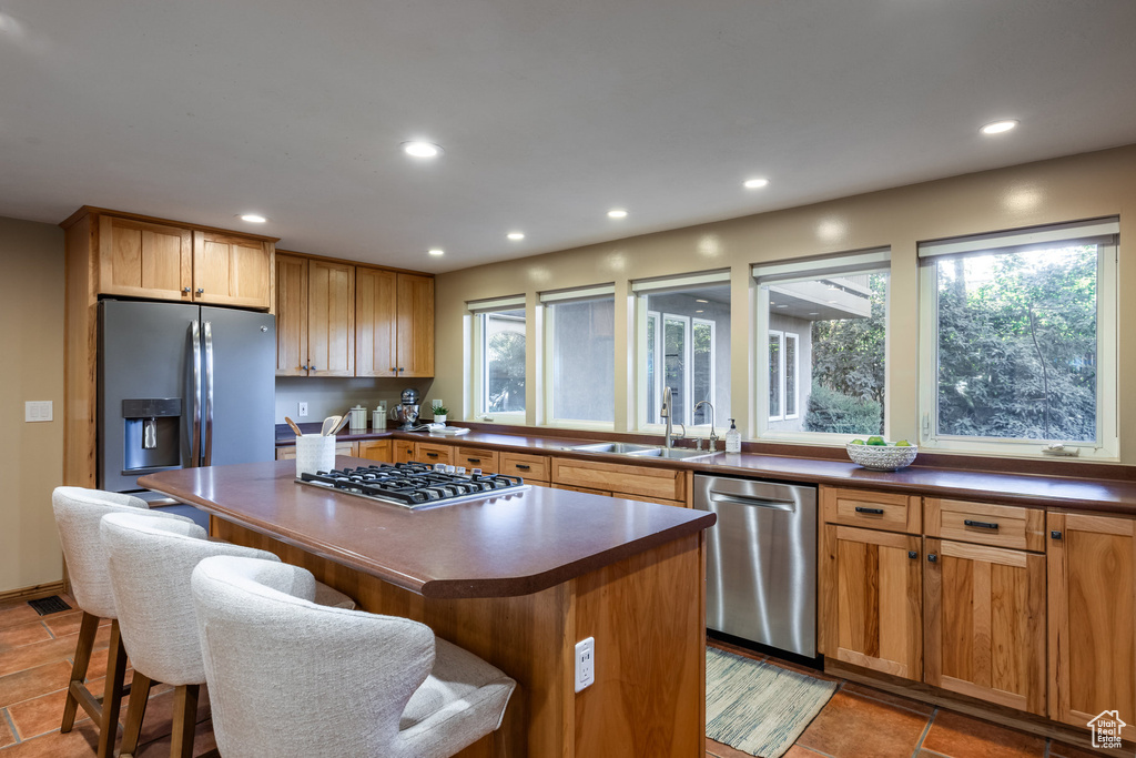 Kitchen with appliances with stainless steel finishes, a center island, sink, and a kitchen breakfast bar