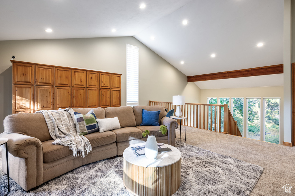 Living room featuring lofted ceiling and light colored carpet