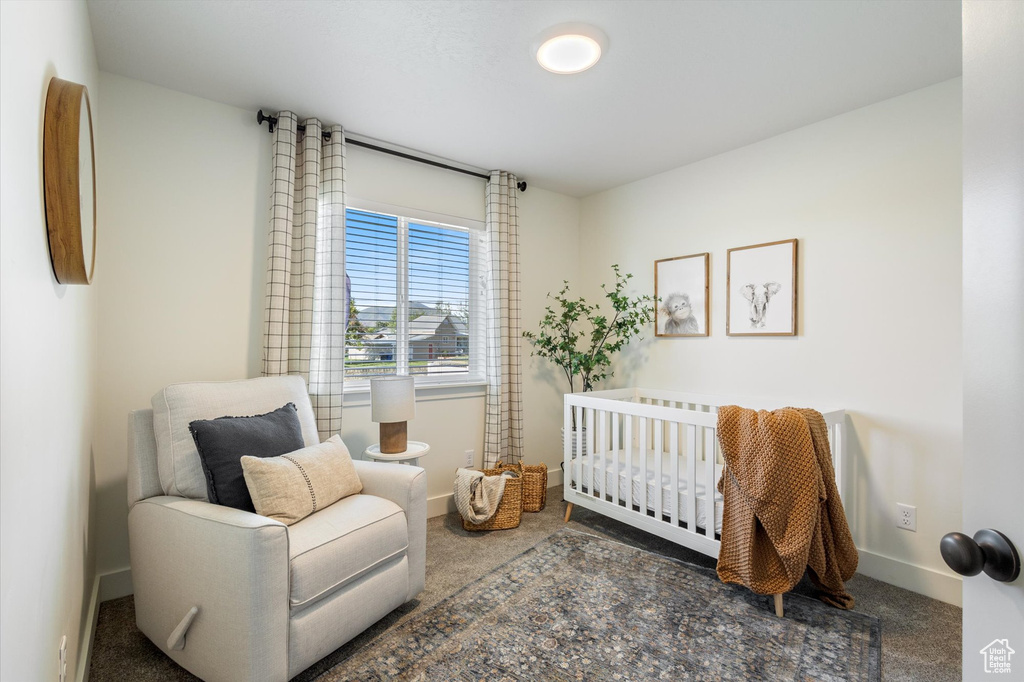 Bedroom with a crib and dark colored carpet