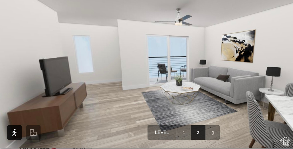 Living room with light hardwood / wood-style floors and ceiling fan