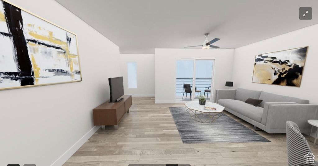 Living room with light hardwood / wood-style floors and ceiling fan