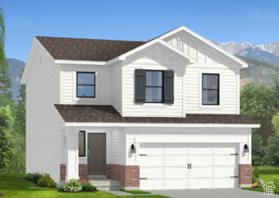 View of front of house with a garage and a mountain view