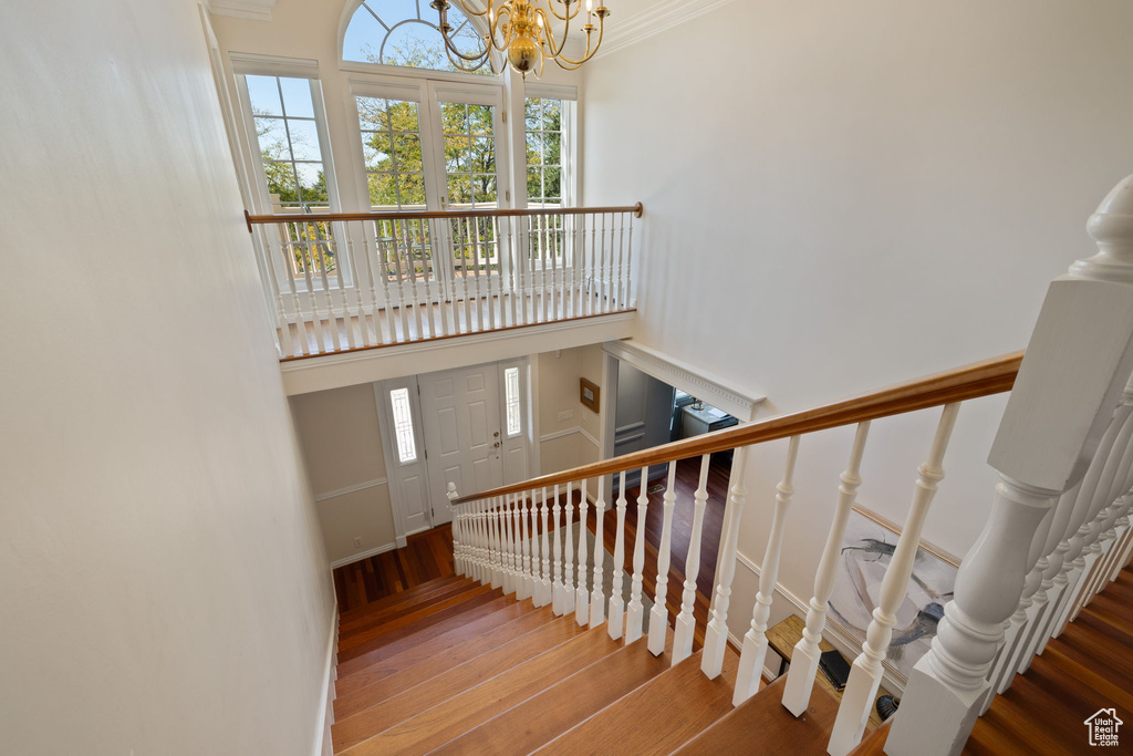 Staircase featuring wood-type flooring, an inviting chandelier, and crown molding