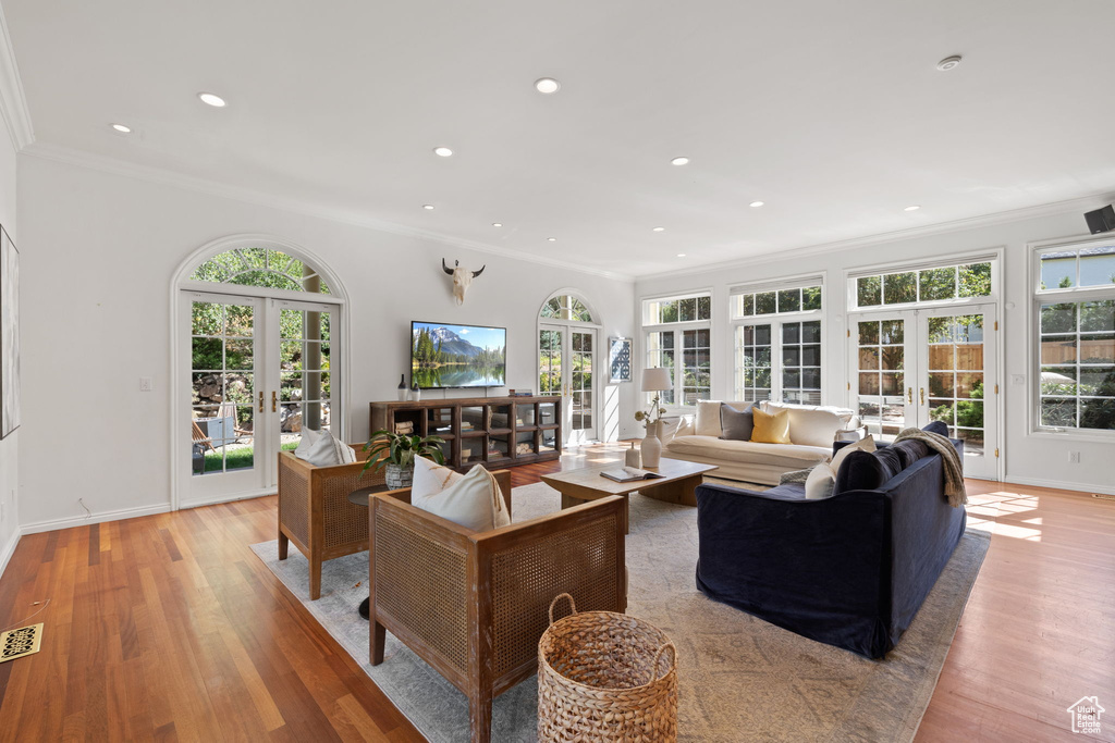 Living room featuring a wealth of natural light, light wood-type flooring, french doors, and crown molding