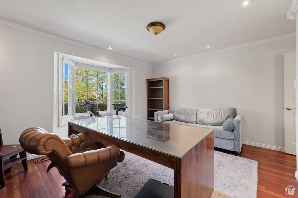 Office featuring dark hardwood / wood-style floors and ornamental molding