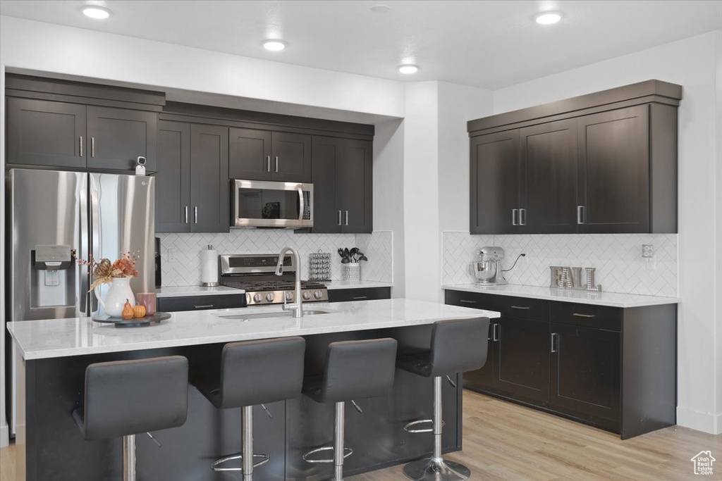 Kitchen featuring light hardwood / wood-style floors, tasteful backsplash, stainless steel appliances, a kitchen island with sink, and sink