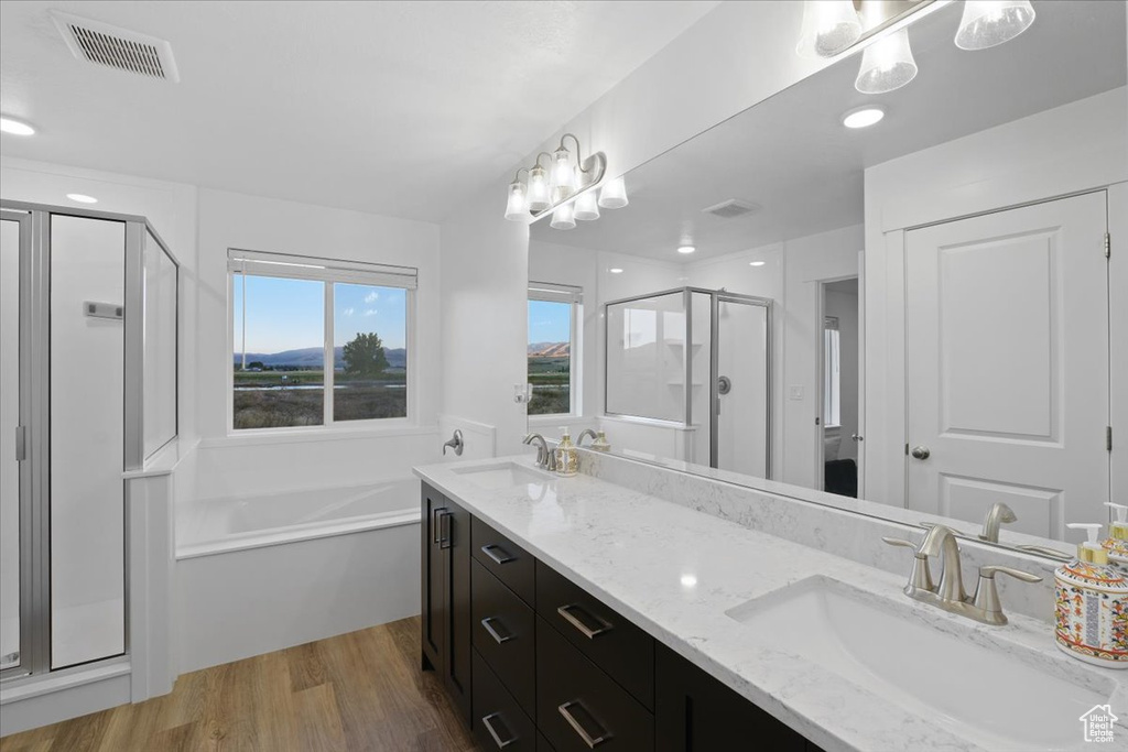 Bathroom featuring vanity, shower with separate bathtub, and hardwood / wood-style flooring