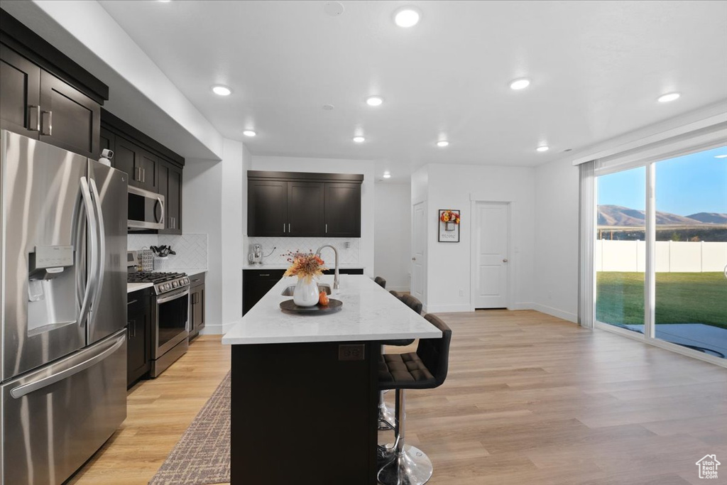 Kitchen featuring appliances with stainless steel finishes, decorative backsplash, a mountain view, light wood-type flooring, and a kitchen island with sink