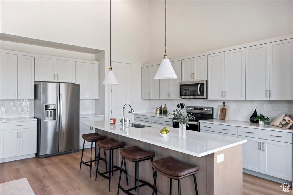 Kitchen featuring appliances with stainless steel finishes, a kitchen island with sink, sink, and white cabinetry