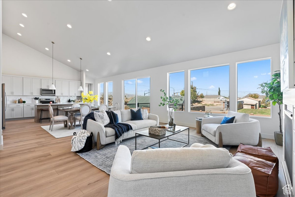 Living room featuring high vaulted ceiling and light wood-type flooring